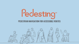 image with light blue background and the word pedesting in orange. Below it are illustrations of a few people - a person in a wheelchair, a couple with a stroller, person with crutches, a person with a walker, a pregnant woman, and another person in a wheelchair with their right hand raised.